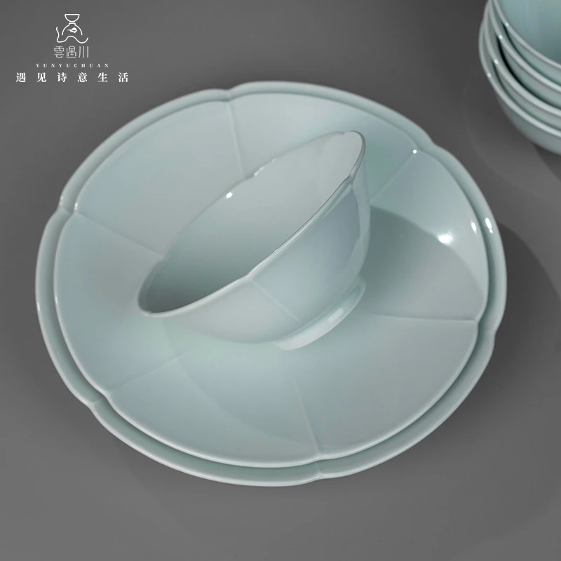 云影青宋韵花口陶瓷碗盘筷架景德镇高白瓷碗饭碗盘深盘轻奢高级感