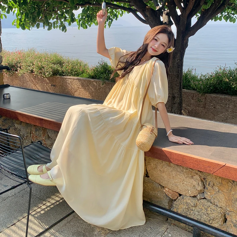已出大货-法式新款黄色泡泡袖大裙摆连衣裙306-24060-