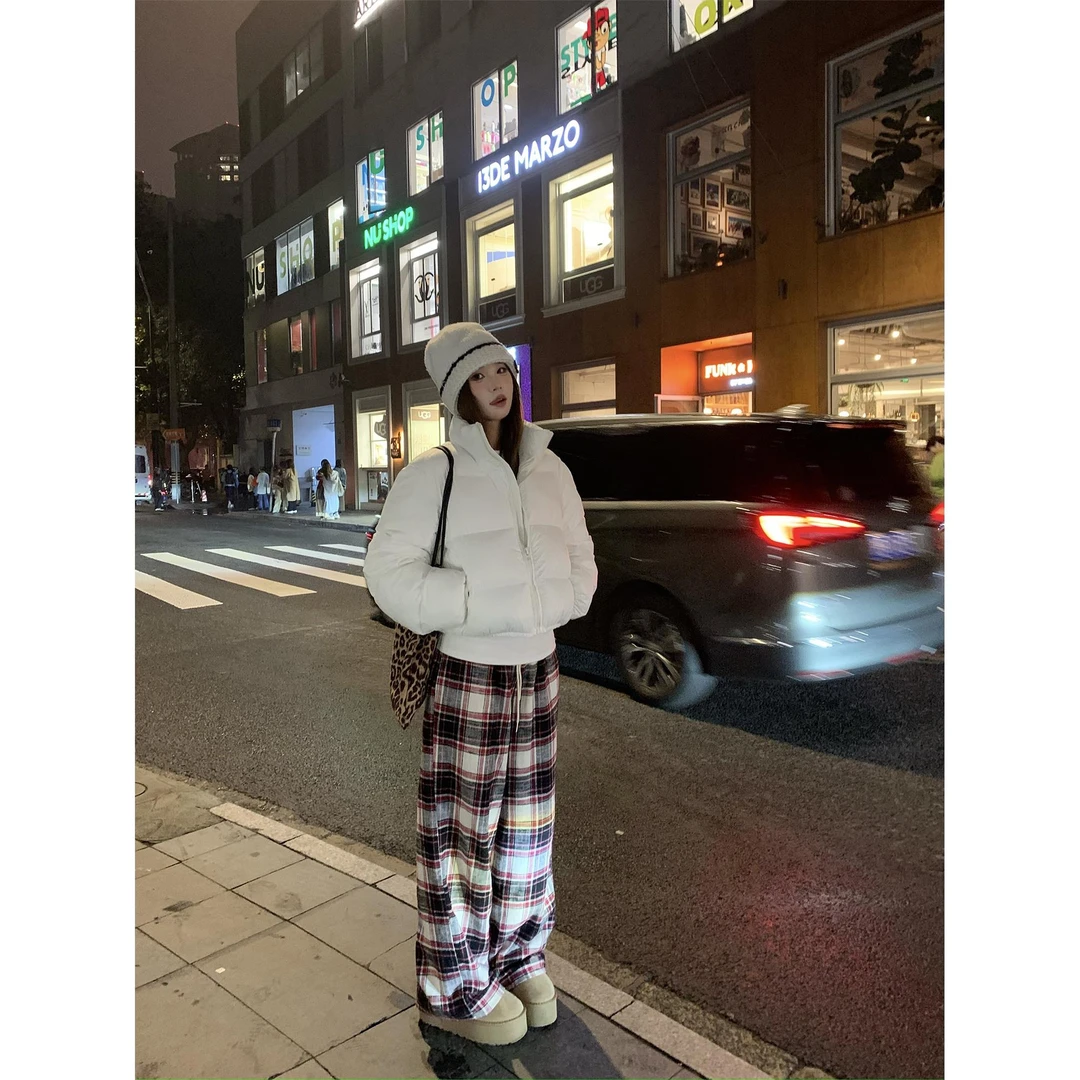 冬季裤子女美式慵懒休闲格纹裤子高腰宽松直筒裤阔腿裤