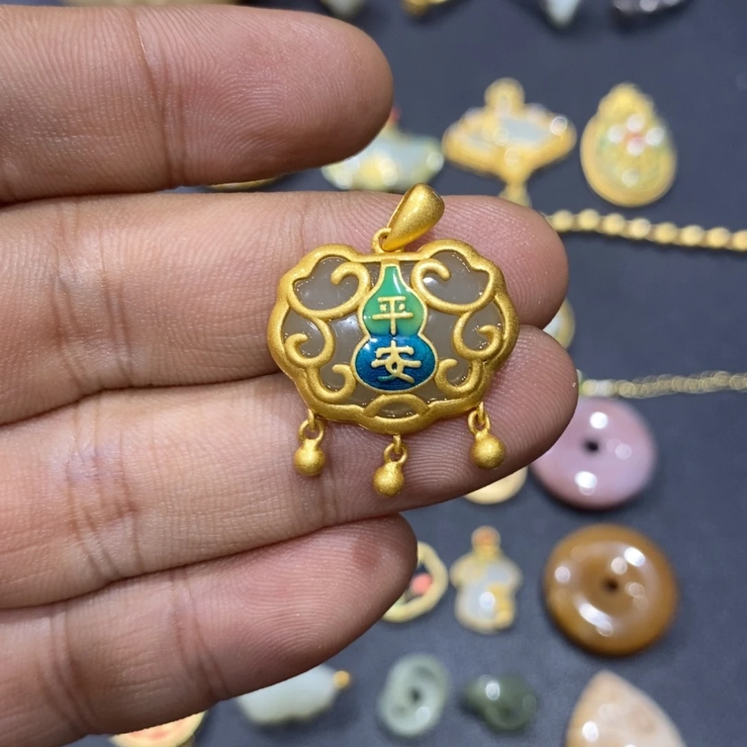 和田玉颈饰银S925镀金镶嵌