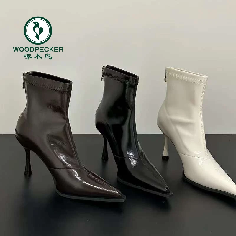 啄木鸟高跟尖头短靴2025秋冬新款欧美细跟加绒瘦瘦靴复古棕色短靴
