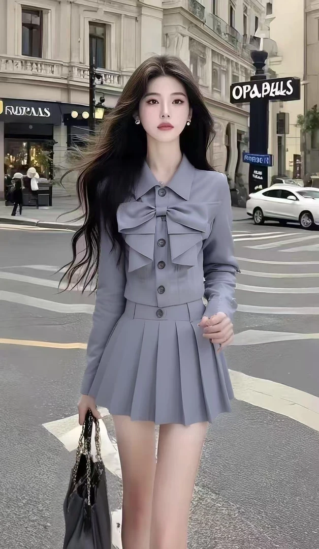 高端气质休闲通勤风女装灰色翻领设计感上衣+灰色百搭半身裙套装
