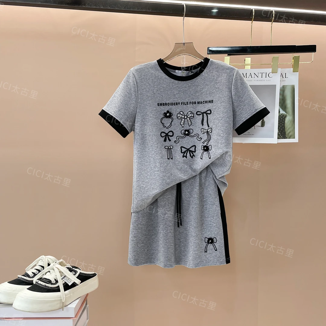 瑰丽钉珠 重工轻奢烫钻蝴蝶结短袖T恤松紧腰半身裙套装LL-4000140