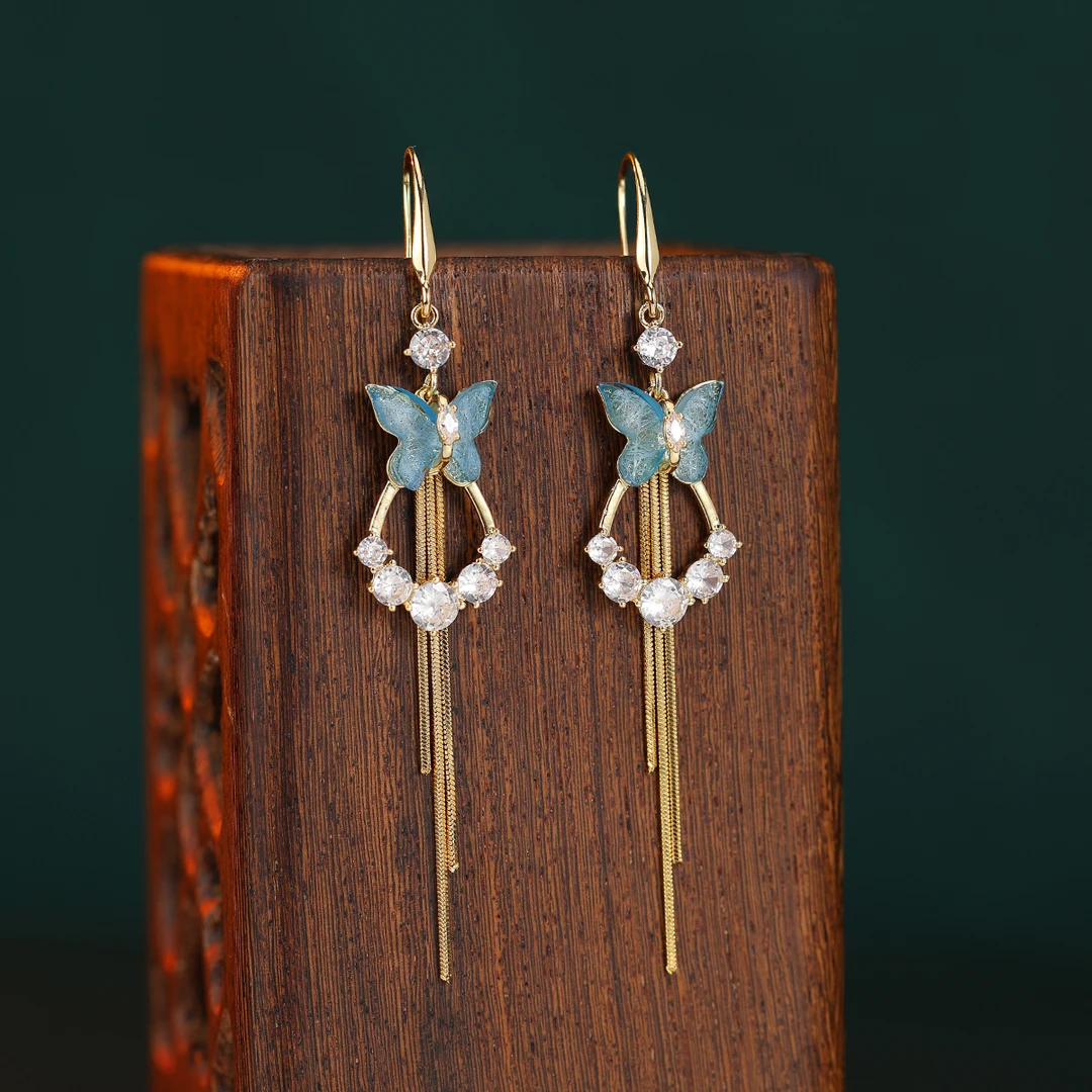 铜合金锆石耳饰 （413号）高档女人味蝴蝶耳钩长款流苏时尚耳饰