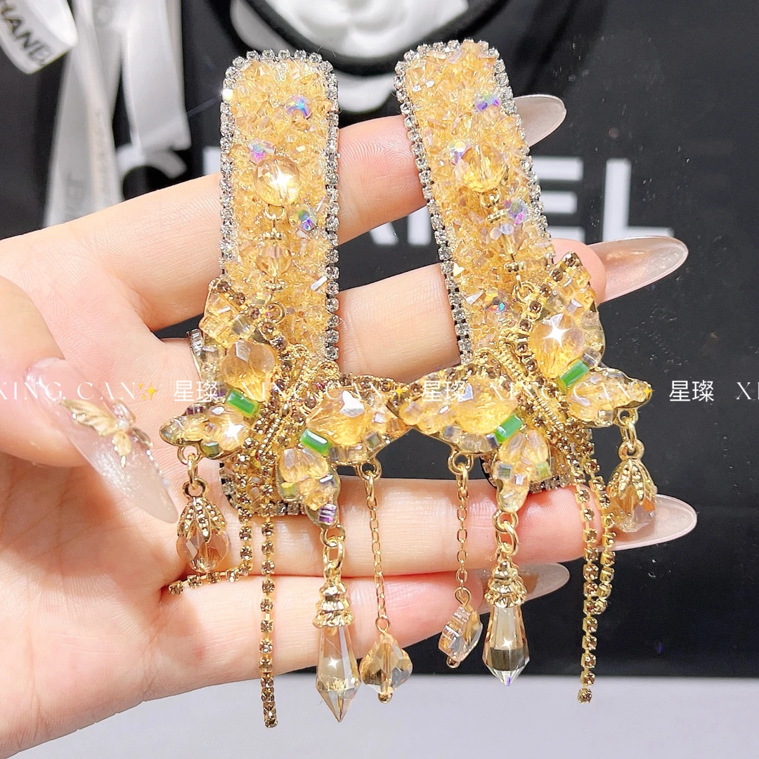 香槟金水晶蝴蝶吊坠高定刘海侧边夹