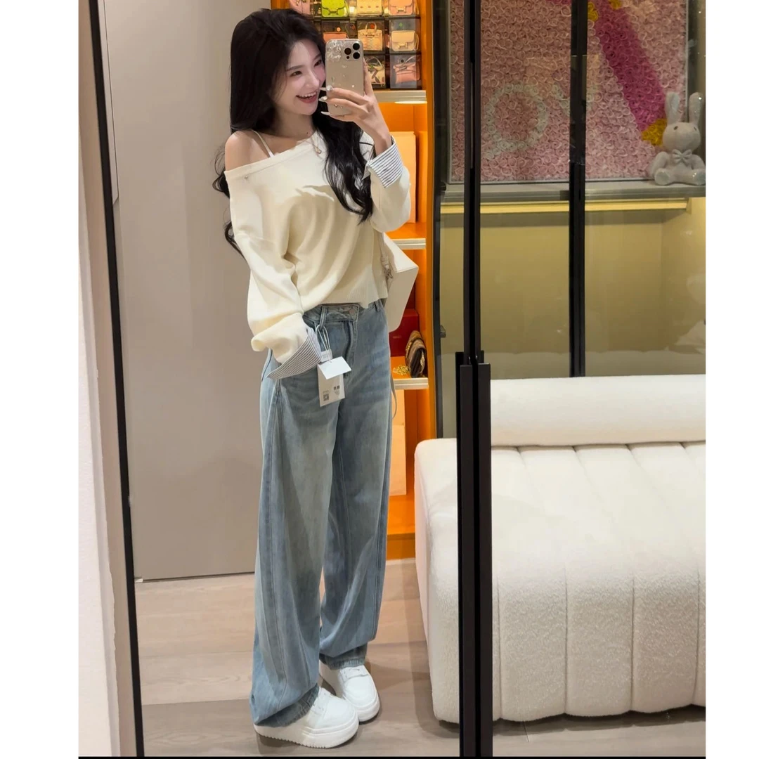 浅蓝色白色弯刀牛仔裤女2025春夏新款小众宽松显瘦百搭弯刀裤潮
