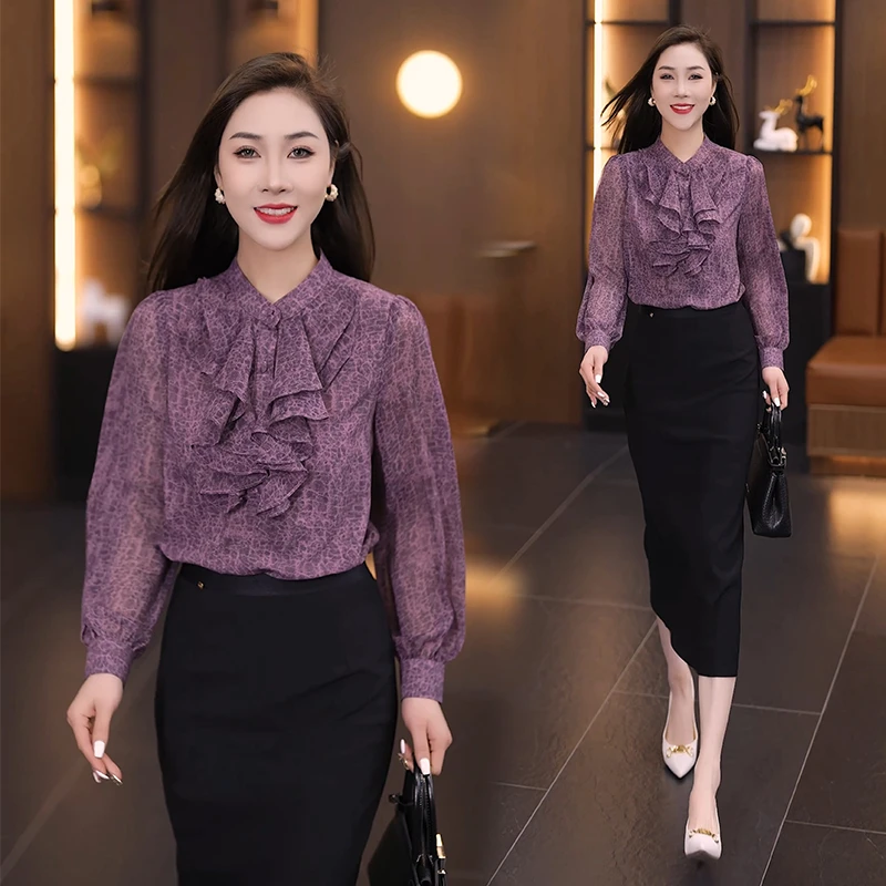 洋气碎花木耳边领结雪纺衬衫女2025春秋新款减龄长袖立领百搭小衫