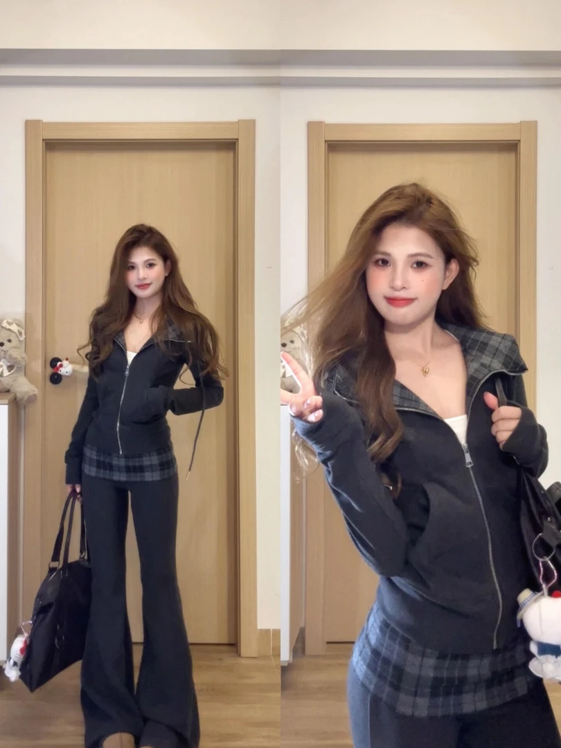 WRXS  美式格纹连帽开衫卫衣女拼接高腰宽松百搭卫裤微喇裤两件套