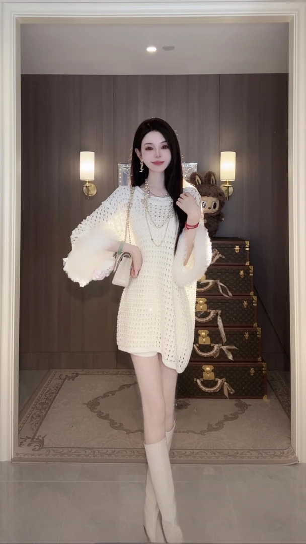 【雅乔定制】京都捕梦 蕾丝拼接宽松慵懒亮片镂空毛衣DYDD-25070069