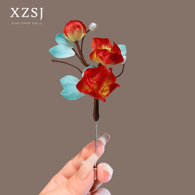 铜布艺胸针 原创设计手工掐丝非遗绒花胸针女新中式胸花汉服别针