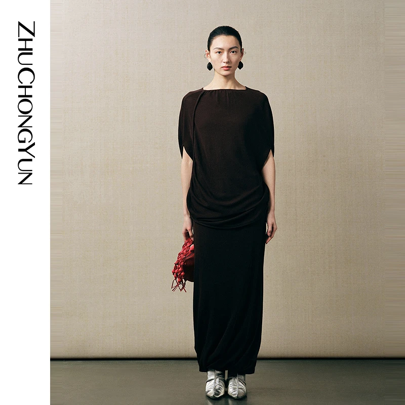 ZHUCHONGYUN2025秋新款一字领不规则立体抽褶上衣C1FZ3712M