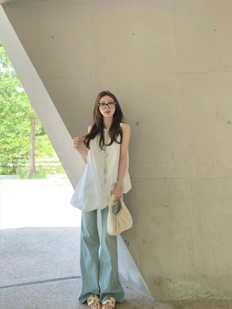 2025夏季新款韩版慵懒风无袖背心裙上衣高腰显瘦牛仔裤时尚套装女