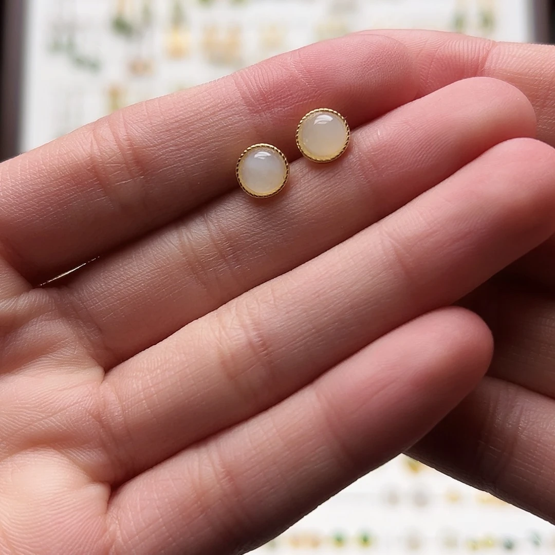 银S925镀金镶嵌和田玉耳钉