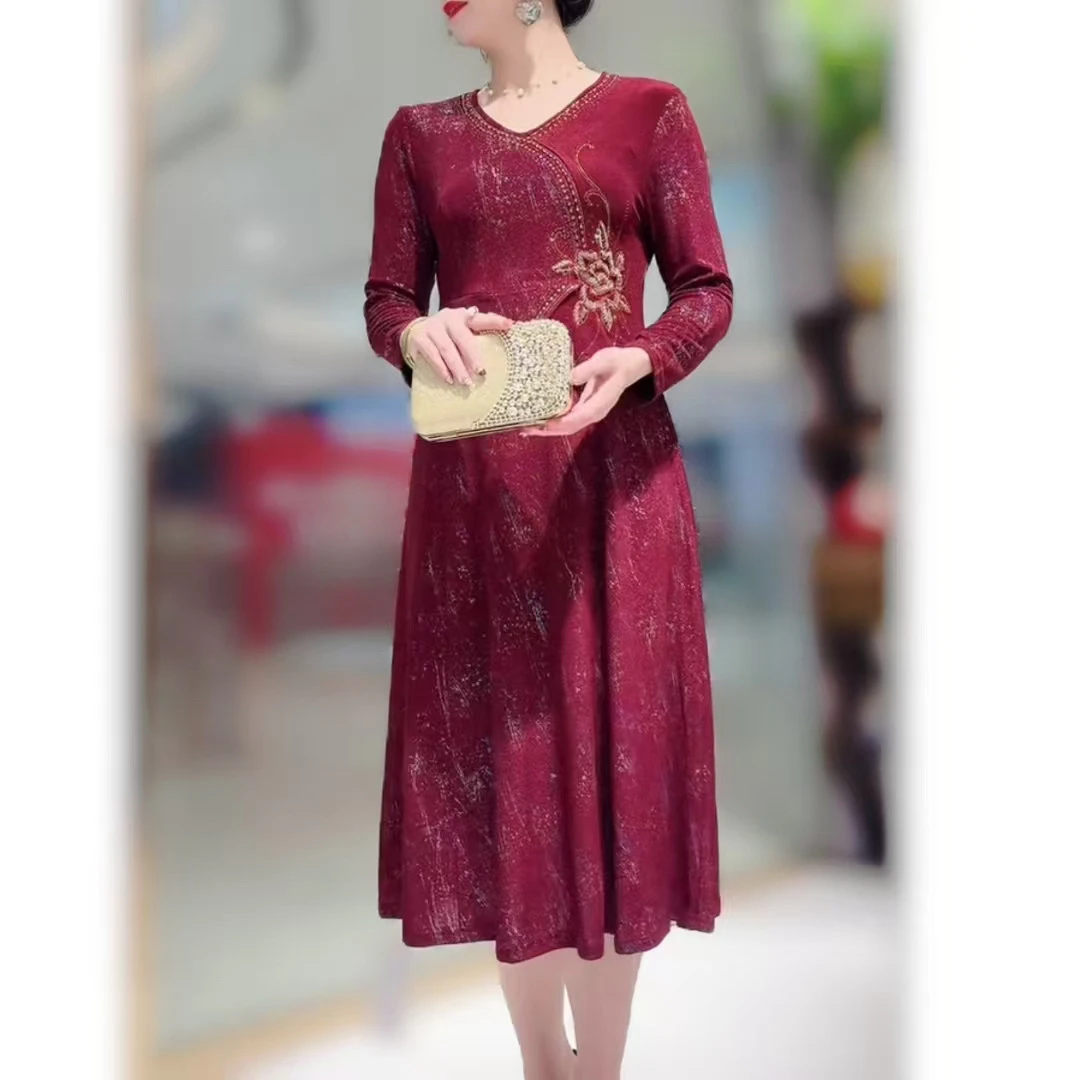 中老年女性婚宴礼服高贵优雅气质中长款连衣裙