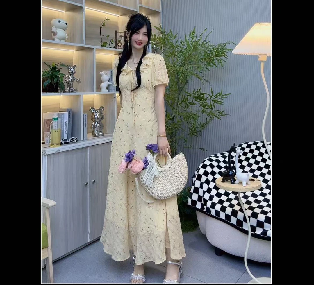 雅希定制~【柑橘乌龙】夏季新款气质温柔收腰显瘦减龄短袖连衣裙