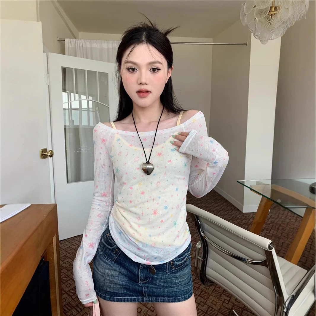 修身】现货休闲一字肩T恤罩衫直发女长袖上衣源头显瘦【防晒