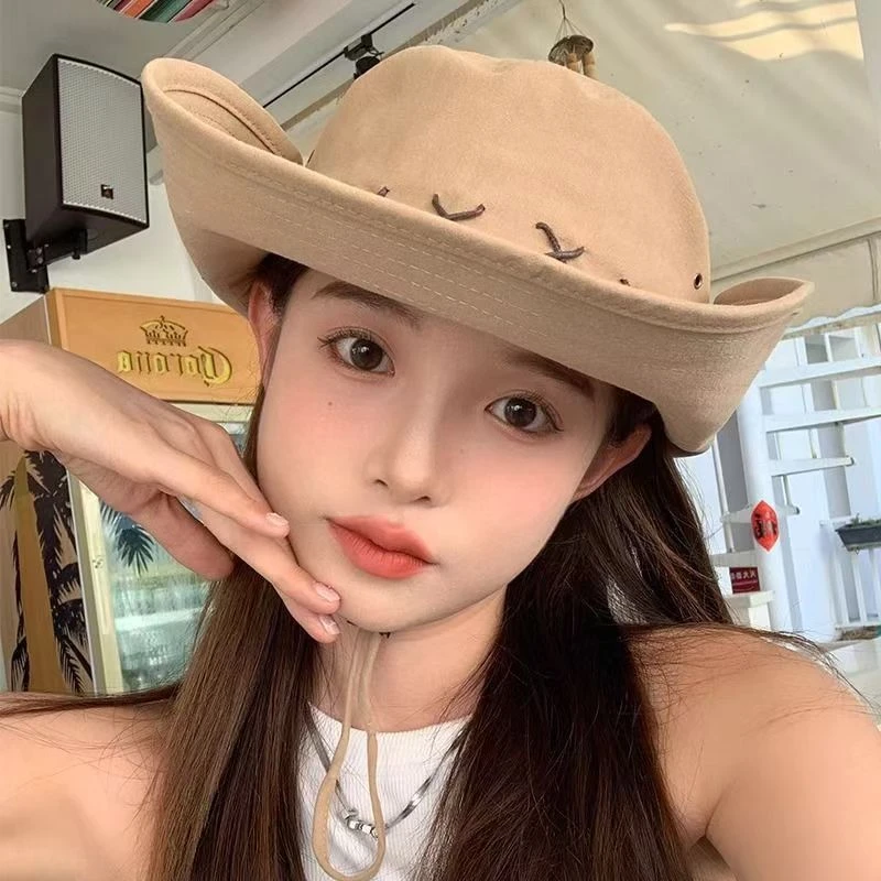 大帽檐复古牛仔防晒渔夫帽女纯色登山帽夏季户外防紫外线太阳帽子