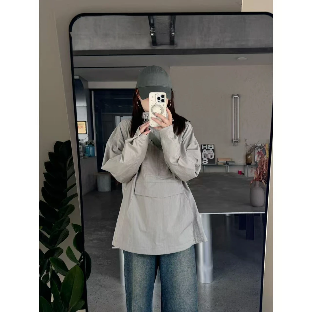 晶咕佳佳【巴黎夜雨】大口袋前拉链设计宽松套头外套休闲百搭连帽