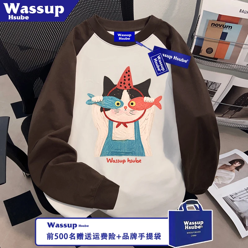 WASSUP HSUBE小猫抓鱼印花T恤ins100%纯棉男女款长袖秋季撞色上衣