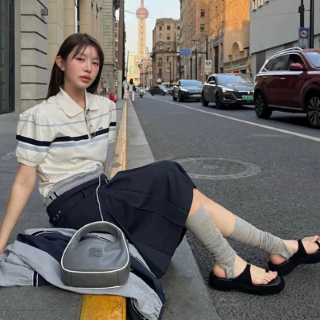 现 grove韩国正品代女2025夏款车静媛同款半拉链翻领条纹短袖衫