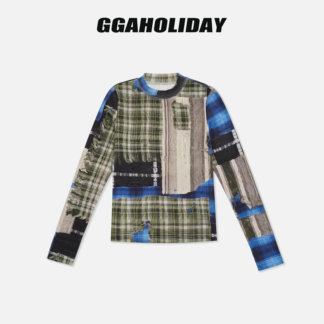 GGAHOLIDAY时尚休闲格纹拼接长袖复古女士潮流百搭打底衫-154175