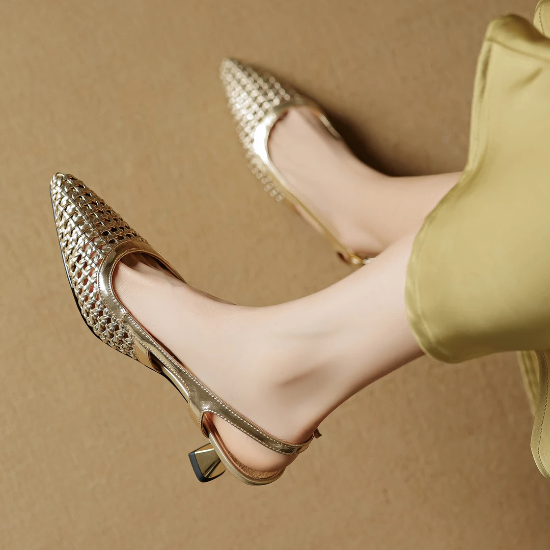 牛皮 跟高5CM 夏季法式优雅镂空百搭经典百搭中跟尖头浅口凉鞋女