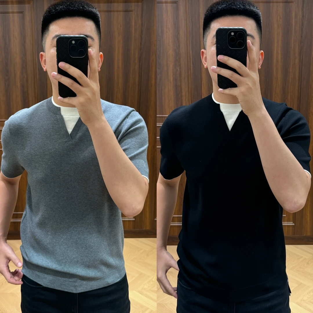 秋冬 | 男士“撞色”简约款拼接假两件休闲针织短袖68708