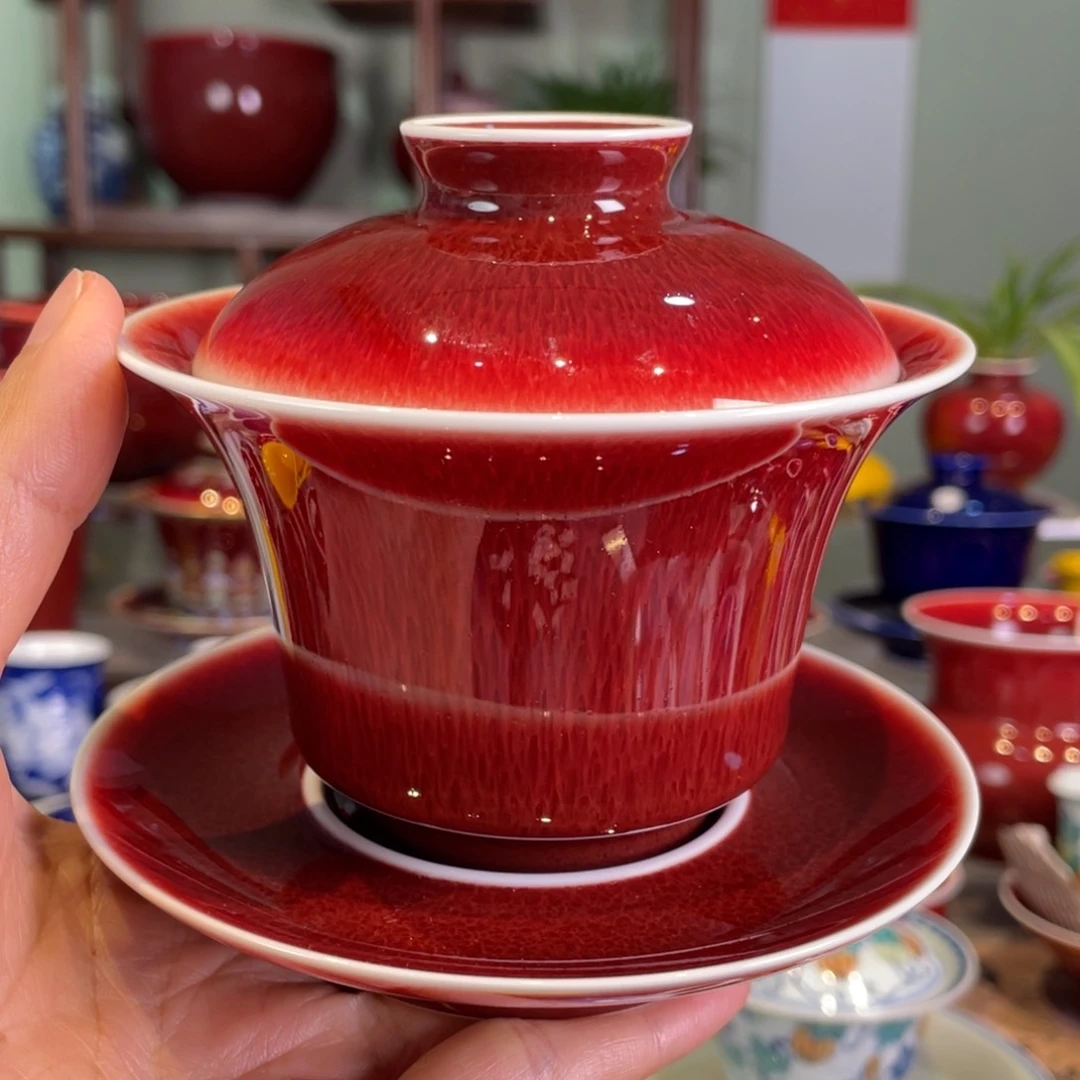 清欢雅玩原矿郎红马蹄盖碗