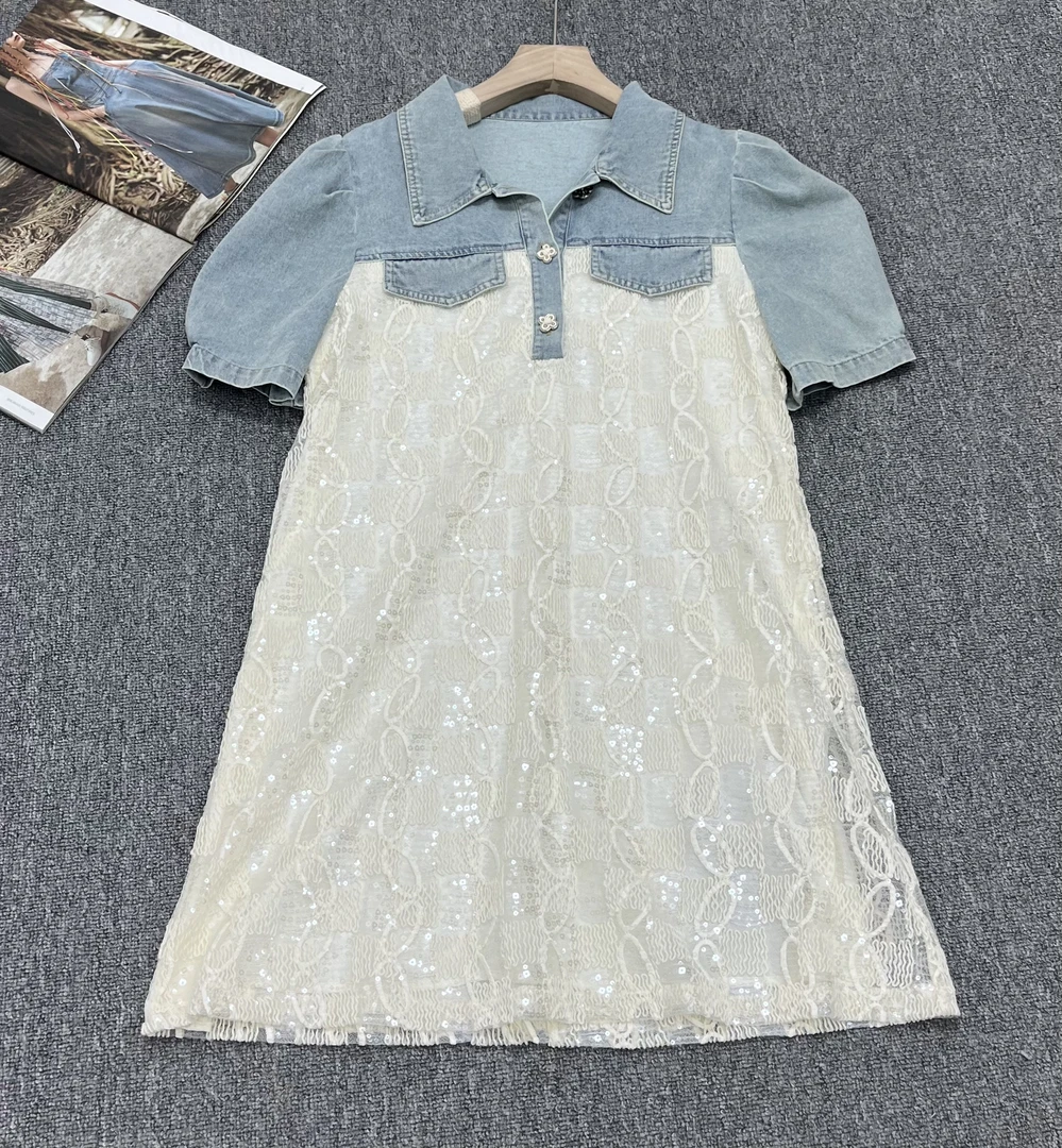 欧货女装原创不撞衫2025新款设计感牛仔亮片蕾丝刺绣甜美连衣裙