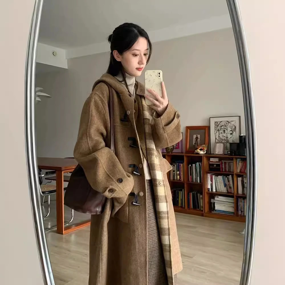 复古秋冬格子双面羊毛大衣女高级感牛角扣两面小众炸街高级感女装