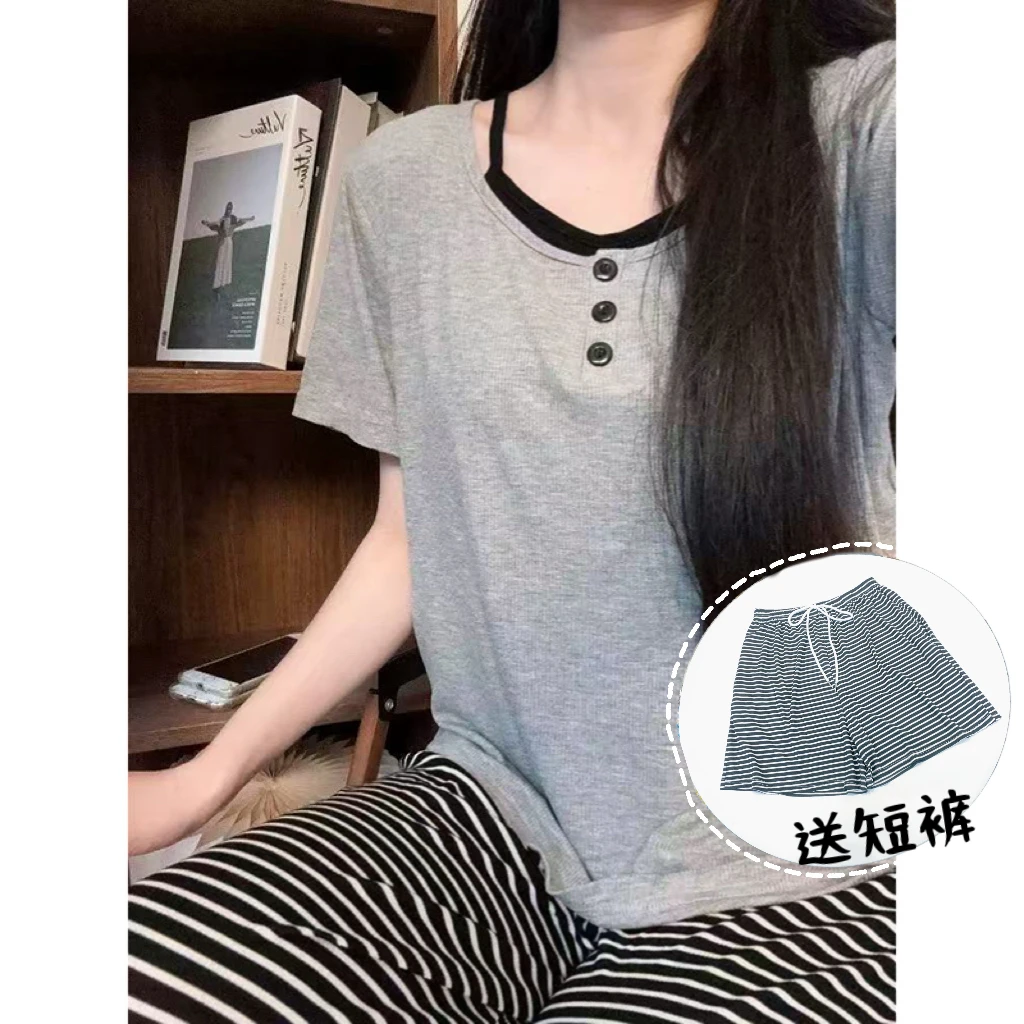 【条纹】带杯垫三件套短袖女夏季睡衣家居服可外穿韩系透气舒适2226