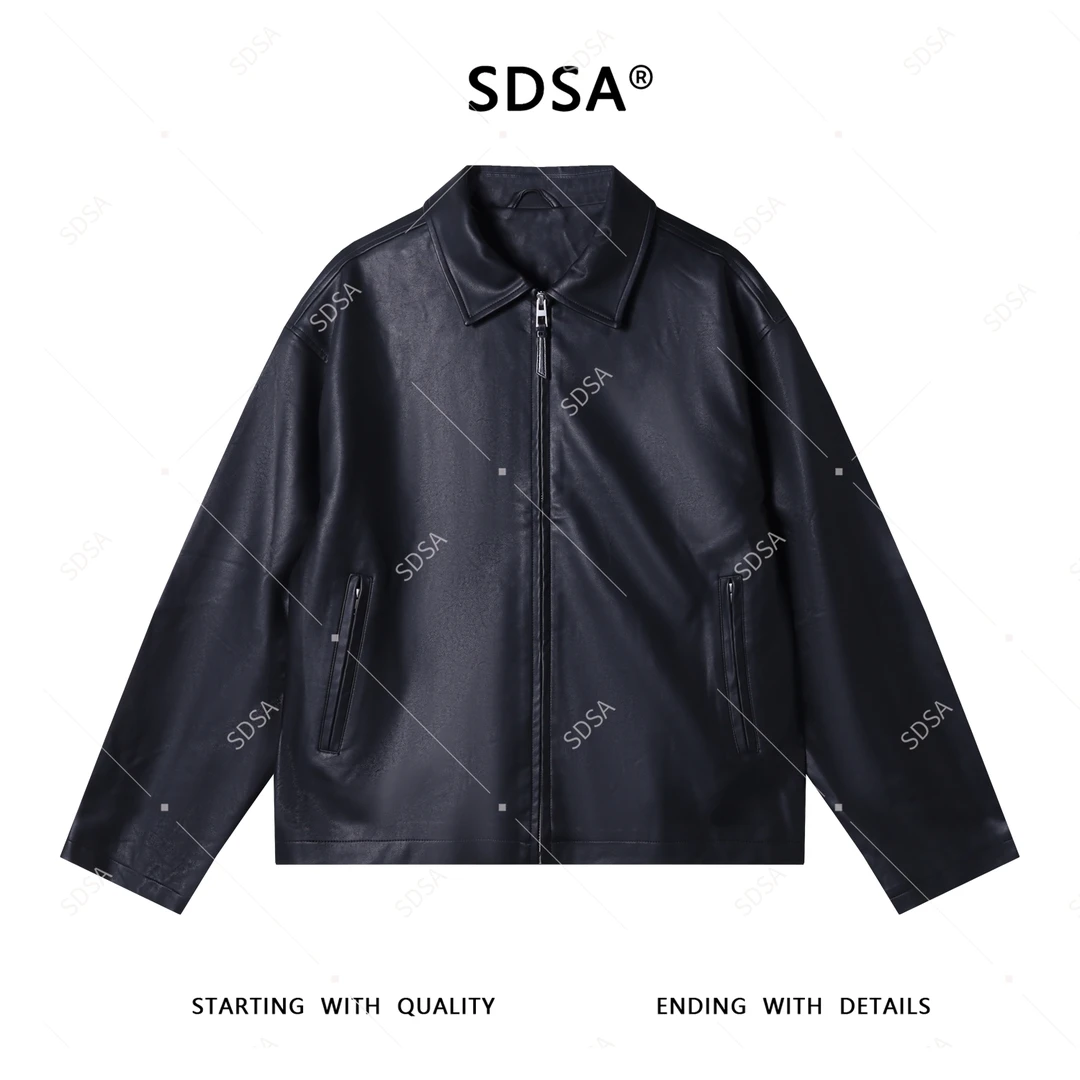 SDSA男士秋冬新款轻奢痞帅男装美式纯色拉链翻领皮衣外套复古夹克