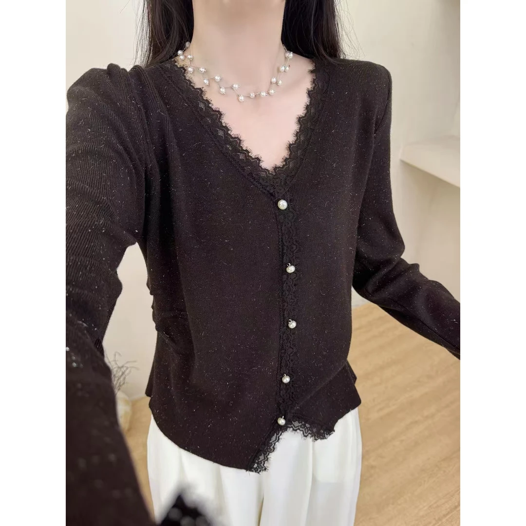 无印心匠A917 秋冬针织衫细闪蕾丝拼接显瘦打底衫外穿内搭k1713