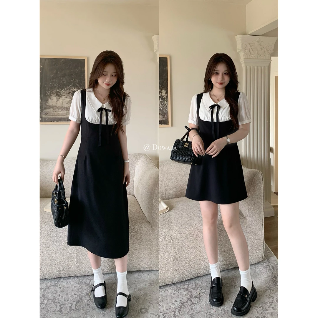 大婉酱微胖定制【肉肉10W宠粉】时尚新款法式假两件连衣裙5063D