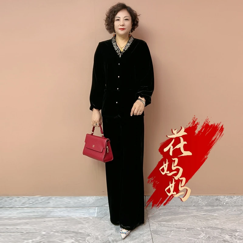 H秋季经典洋气妈妈民族风刺绣丝绒外套大码开衫上衣阔腿裤两件套