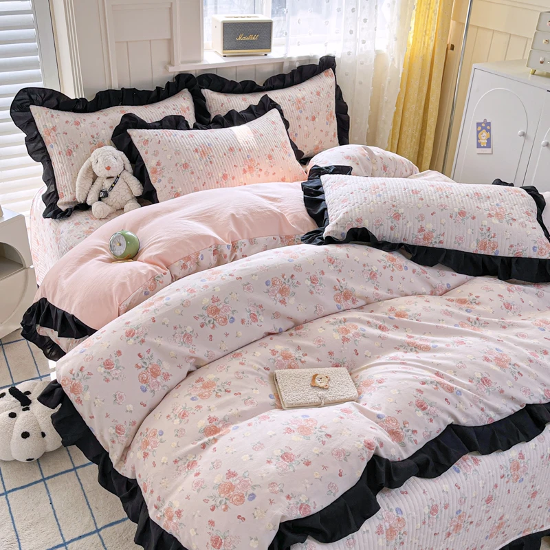 新品法式赫本风针织双层纱床盖四件套花边亲肤被套夹棉床盖三件套