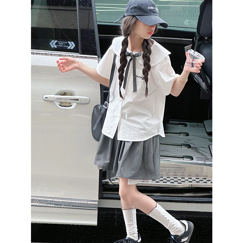 K29104学院风女童衬衫套装裙夏装新款2025女大童儿童休闲两件套潮