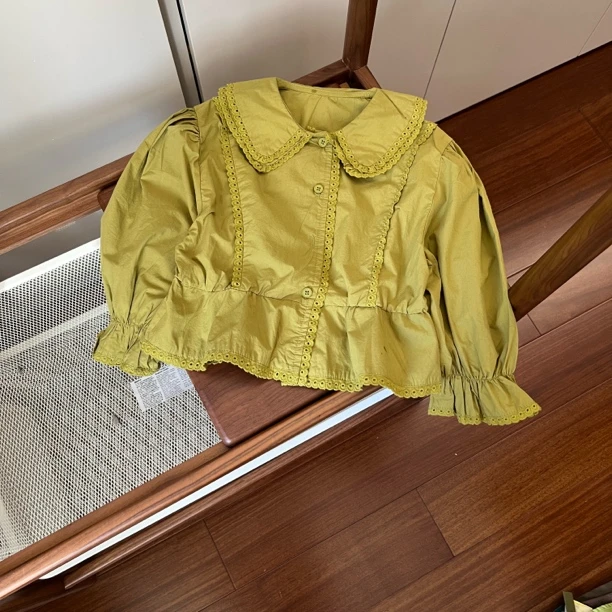 【编号S177】3Q5159-05-儿童夹花边双领衬衫绿色-MIKO