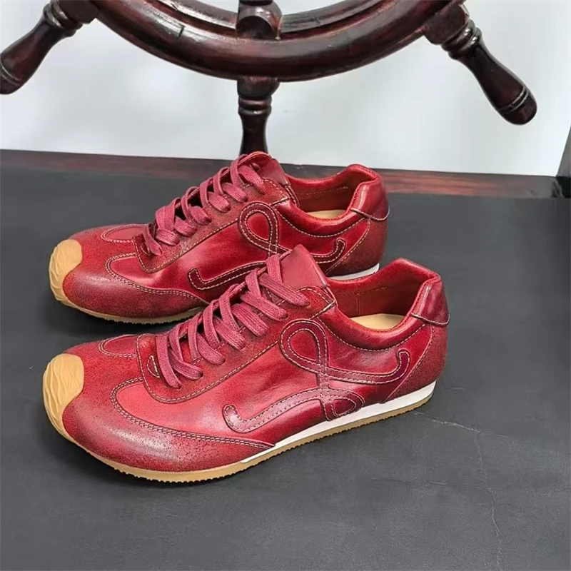 2025新款复古做旧运动水洗马皮百搭软底系带歪头鞋手工休闲单鞋