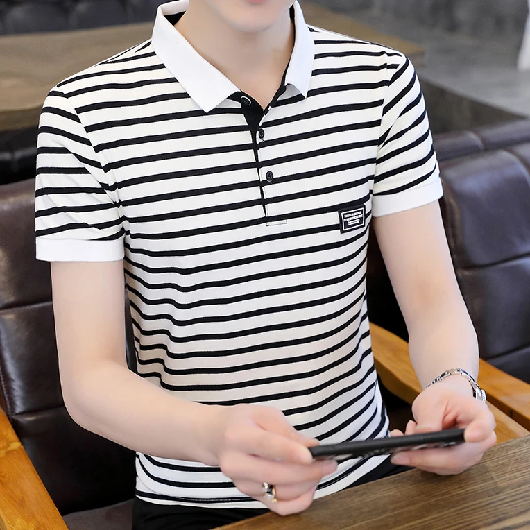 【2025轻奢】夏季黑白条纹短袖T恤男士轻奢翻领休闲保罗polo衫半袖
