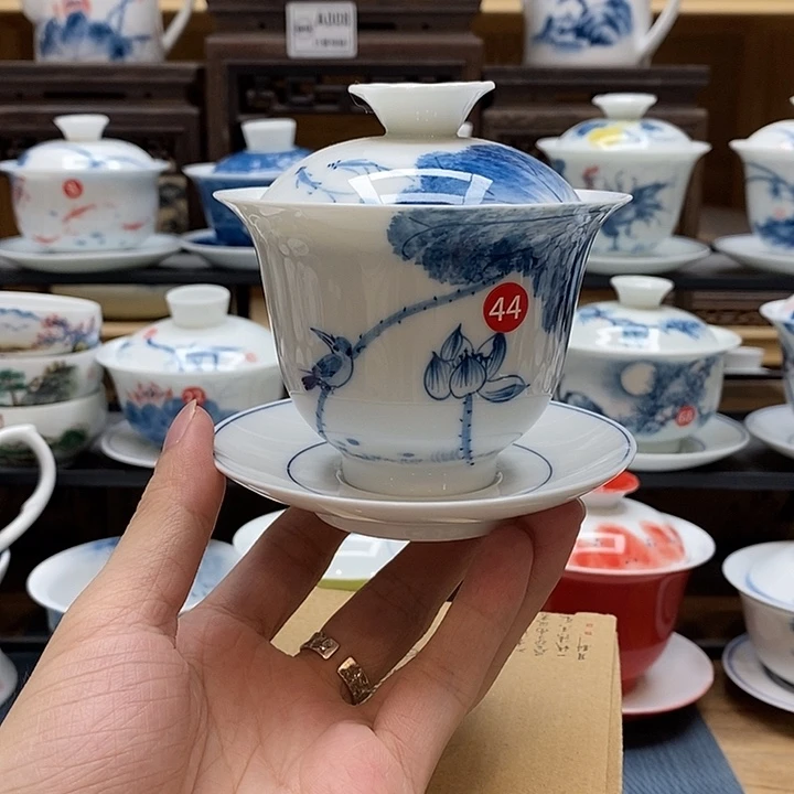 手绘荷花翠鸟盖碗160cc釉下彩微瑕福利款