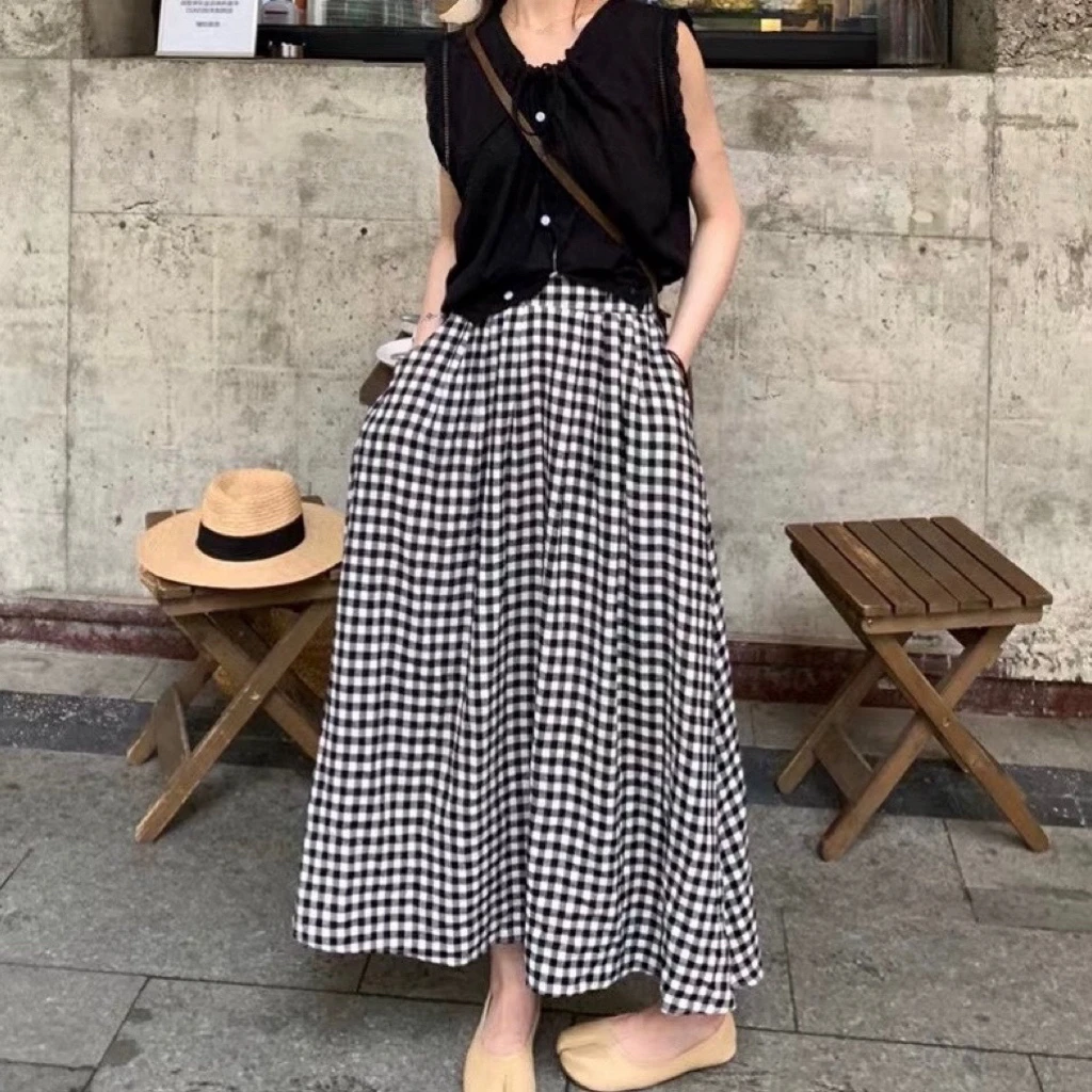 【棉绸裙裤】格子裤裙女夏季2025高腰百搭复古显瘦a字裙半身裙