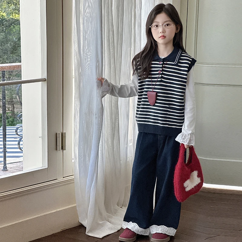 女童春秋针织马甲套装儿童条纹休闲百搭翻领毛衣背心中大童打底衫