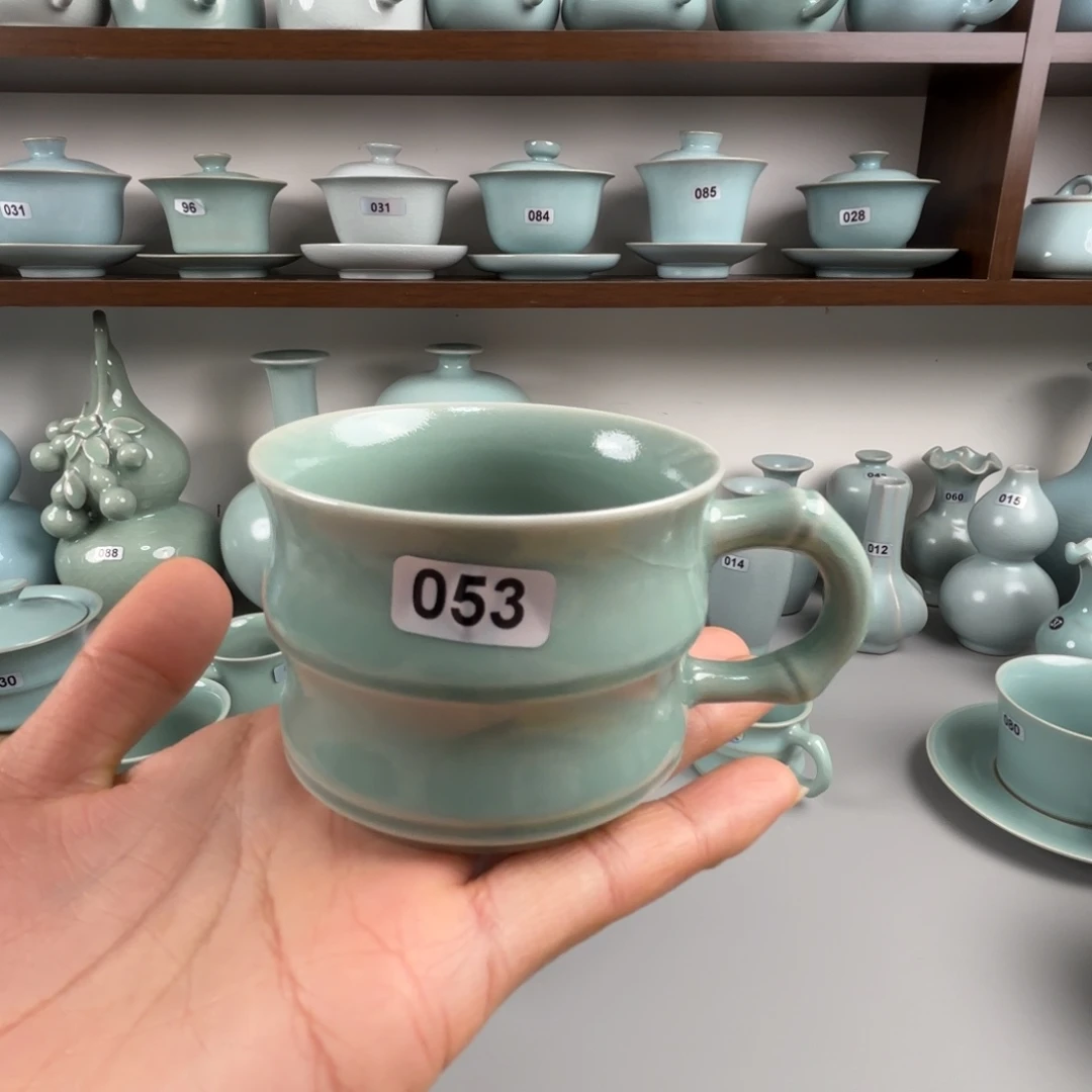 陶摆件汝瓷带手把竹节杯支钉烧仿古釉053