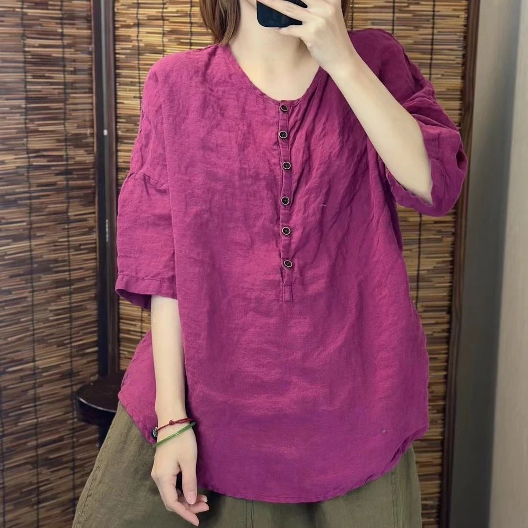 9398砂洗亚麻半开扣上衣