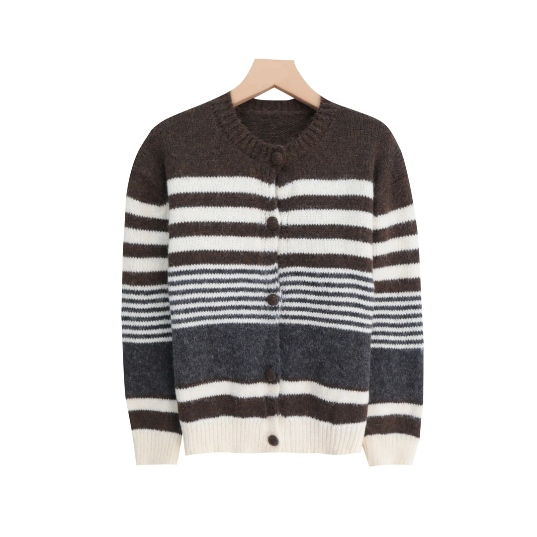 气质甜美撞色条纹韩版圆领百搭针织衫上衣X27447