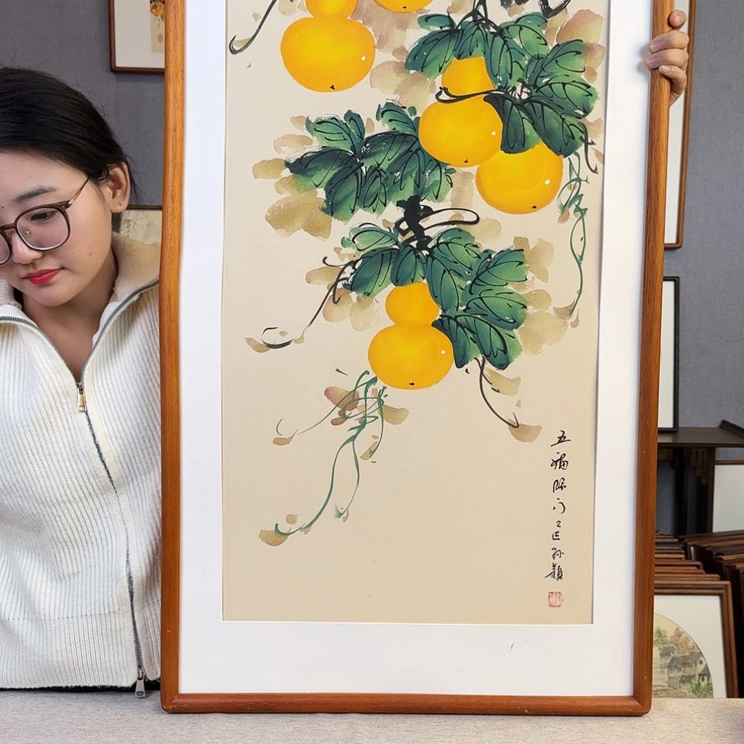 国画纯手绘，纯手写带框尺寸：53×103厘米