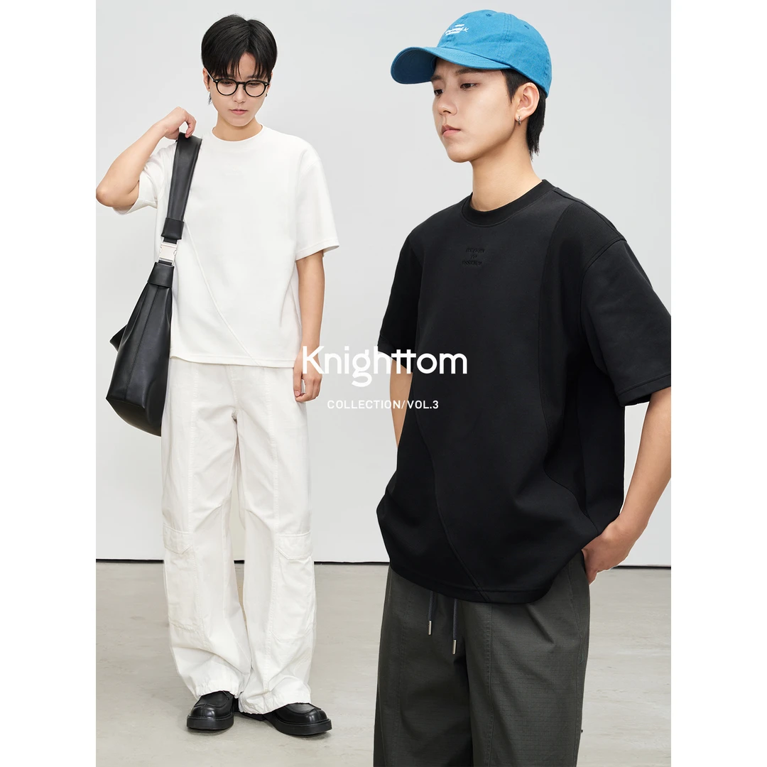 knighttom肌理拼接字母简约绣花T恤短袖女小个子中性风上衣5081