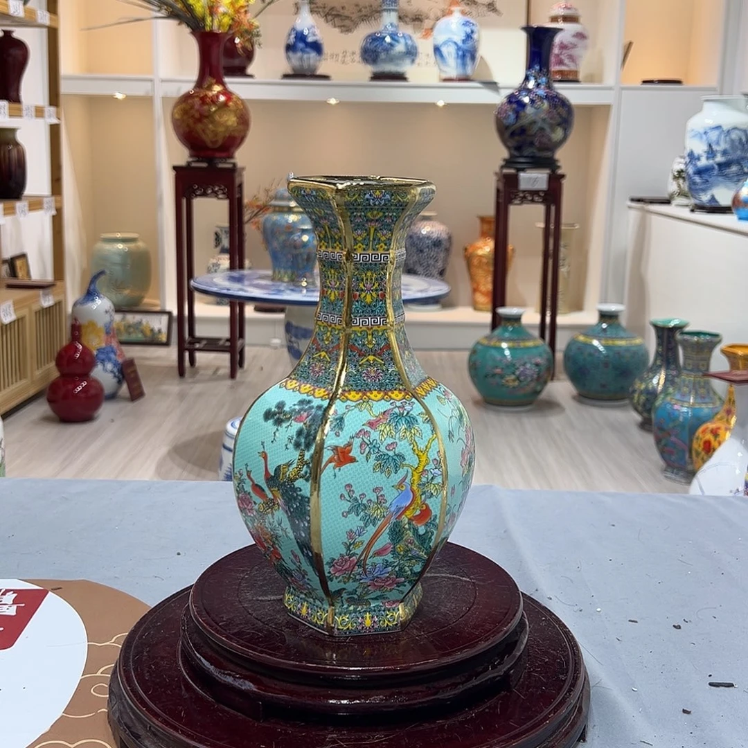 摆件27cm青色花鸟六方