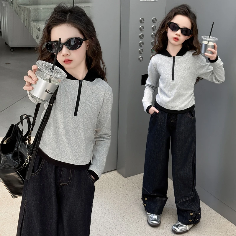 女童韩系穿搭套装春装2025新款时尚女大童春秋打底衫牛仔裤两件套